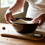 A bright, sun-drenched kitchen on a peaceful weekend afternoon. On a rustic wooden countertop, high-quality baking ingredients are meticulously laid out: a block of soft, room-temperature French butter, a bowl of organic flour, and generous dark chocolate chips. Measuring cups and a precise digital scale are present. In the background, a person's hands are sifting flour into a bowl, while their eyes are subtly fixed on a recipe on a tablet, a slight furrow in their brow as if pondering the difference between two similar white powders (baking powder/soda). The scene is bathed in warm, inviting light, conveying initial hope and careful preparation, yet with a faint, almost imperceptible hint of impending misunderstanding. Realistic, shallow depth of field, warm color palette.