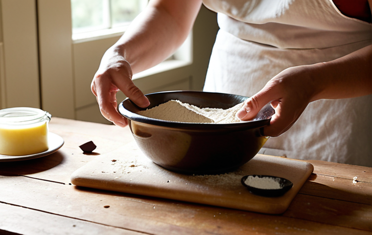 A bright, sun-drenched kitchen on a peaceful weekend afternoon. On a rustic wooden countertop, high-quality baking ingredients are meticulously laid out: a block of soft, room-temperature French butter, a bowl of organic flour, and generous dark chocolate chips. Measuring cups and a precise digital scale are present. In the background, a person's hands are sifting flour into a bowl, while their eyes are subtly fixed on a recipe on a tablet, a slight furrow in their brow as if pondering the difference between two similar white powders (baking powder/soda). The scene is bathed in warm, inviting light, conveying initial hope and careful preparation, yet with a faint, almost imperceptible hint of impending misunderstanding. Realistic, shallow depth of field, warm color palette.