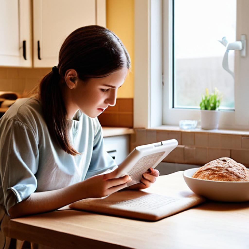 A cozy and warm indoor scene of a person (gender-neutral) sitting at a clean kitchen counter or desk, intently focused on a baking textbook or a tablet displaying a baking tutorial. There's a soft glow from a nearby window or lamp, symbolizing insight and the dawn of a new journey. A few neatly arranged, basic baking tools (like a measuring cup or a whisk) are subtly visible in the background, hinting at the subject's new passion. The overall atmosphere is one of quiet determination, focus, and the optimistic first step into self-learning. Photorealistic, soft focus, depth of field.