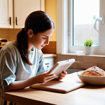 A cozy and warm indoor scene of a person (gender-neutral) sitting at a clean kitchen counter or desk, intently focused on a baking textbook or a tablet displaying a baking tutorial. There's a soft glow from a nearby window or lamp, symbolizing insight and the dawn of a new journey. A few neatly arranged, basic baking tools (like a measuring cup or a whisk) are subtly visible in the background, hinting at the subject's new passion. The overall atmosphere is one of quiet determination, focus, and the optimistic first step into self-learning. Photorealistic, soft focus, depth of field.