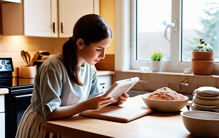 A cozy and warm indoor scene of a person (gender-neutral) sitting at a clean kitchen counter or desk, intently focused on a baking textbook or a tablet displaying a baking tutorial. There's a soft glow from a nearby window or lamp, symbolizing insight and the dawn of a new journey. A few neatly arranged, basic baking tools (like a measuring cup or a whisk) are subtly visible in the background, hinting at the subject's new passion. The overall atmosphere is one of quiet determination, focus, and the optimistic first step into self-learning. Photorealistic, soft focus, depth of field.