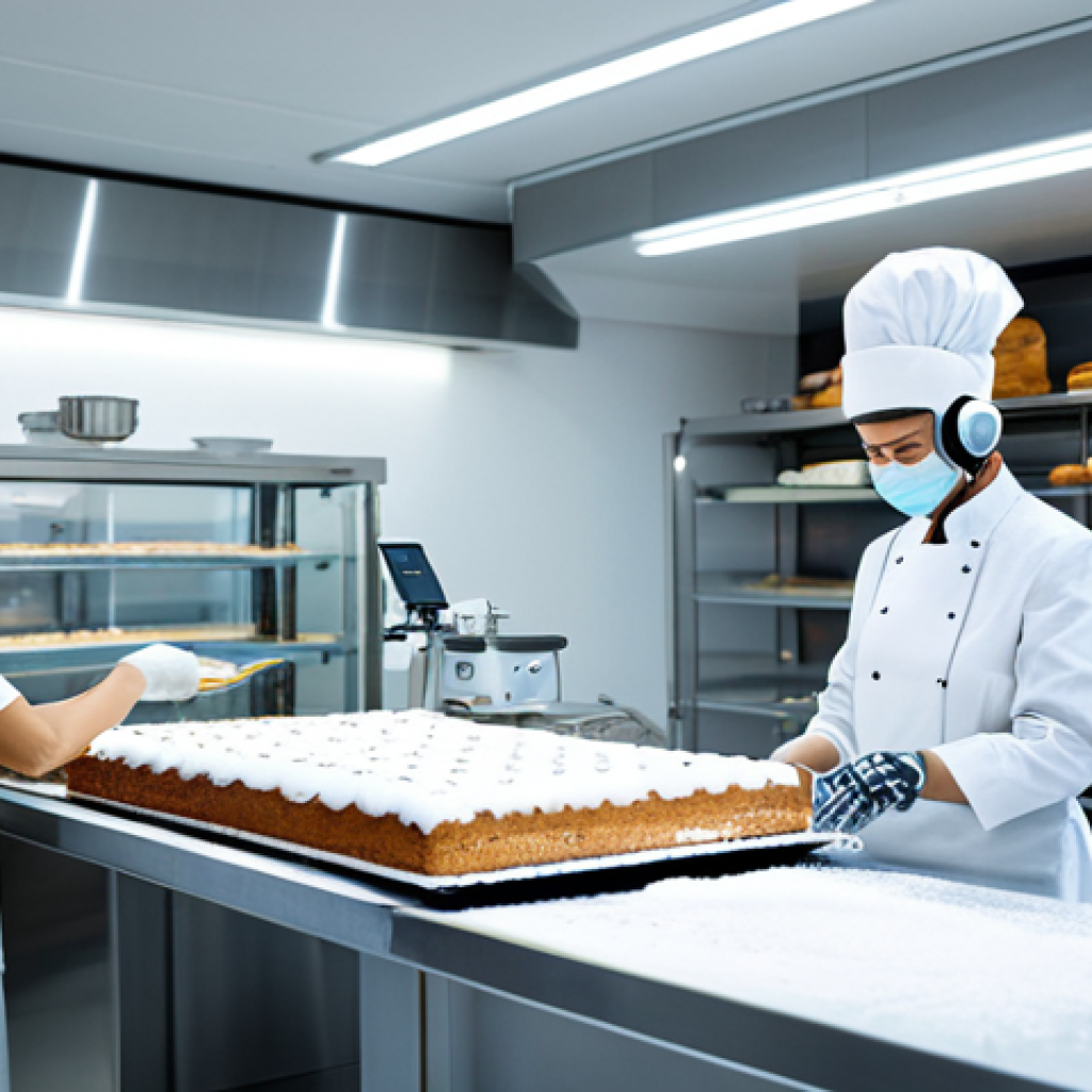 **

"A futuristic bakery with a robotic arm delicately decorating a cake with sugar powder, intricate design, clean environment, high-tech equipment visible in the background, professional lighting, focus on precision and artistry, fully clothed staff in the background observing, safe for work, appropriate content, family-friendly, perfect anatomy, correct proportions, professional."

**