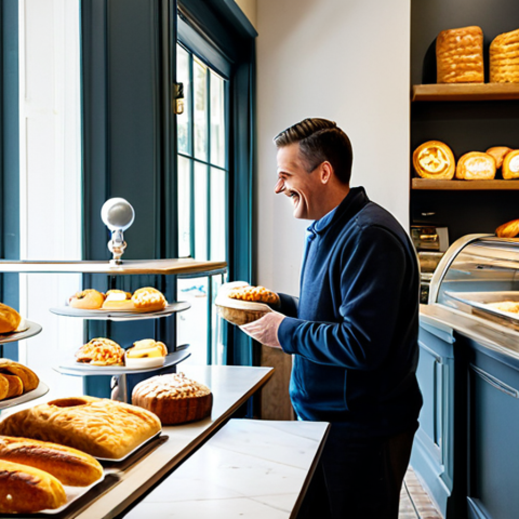 **

"A bright and inviting bakery interior, featuring shelves filled with a variety of artisan breads and pastries. A fully clothed baker, in appropriate professional attire, smiles warmly from behind the counter. Sunlight streams through the large front windows. Cozy seating area with customers enjoying coffee and baked goods. Focus on the visual appeal and the inviting atmosphere. Perfect anatomy, natural proportions, safe for work, appropriate content, family-friendly, professional photography, high quality."

**
