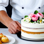 **

"A professional pastry chef in a clean, modern kitchen, carefully decorating a multi-layered cake with delicate sugar flowers, fully clothed, appropriate attire, safe for work, perfect anatomy, correct proportions, well-formed hands, proper finger count, natural pose, family-friendly, bright studio lighting, high-quality photography"

**