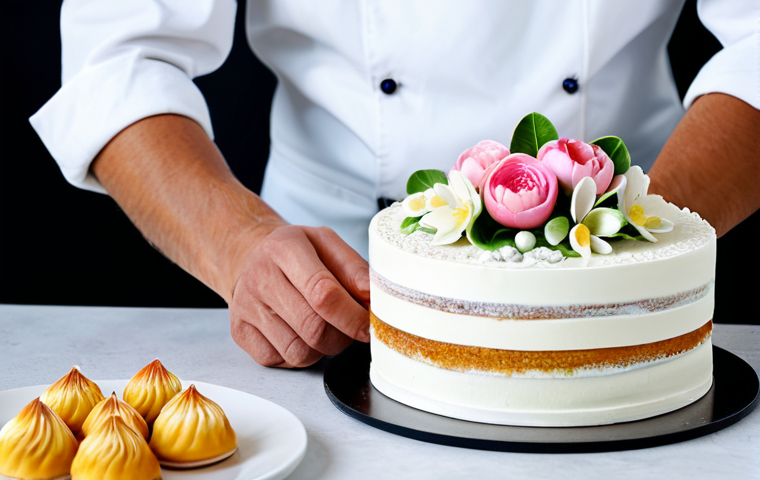 **
"A professional pastry chef in a clean, modern kitchen, carefully decorating a multi-layered cake with delicate sugar flowers, fully clothed, appropriate attire, safe for work, perfect anatomy, correct proportions, well-formed hands, proper finger count, natural pose, family-friendly, bright studio lighting, high-quality photography"
**